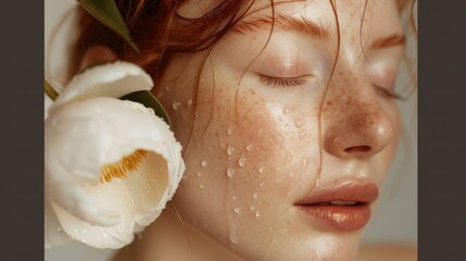 A close-up of a woman's face with closed eyes freckles and water droplets on her skin with a white flower petal resting on her cheek.