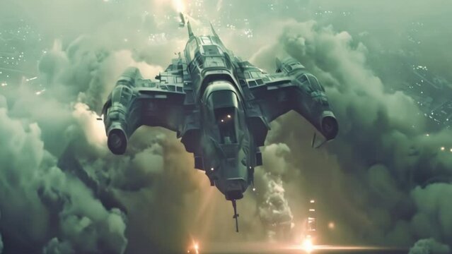 Futuristic sci-fi ship with wings Military robot. city of apocalypse
