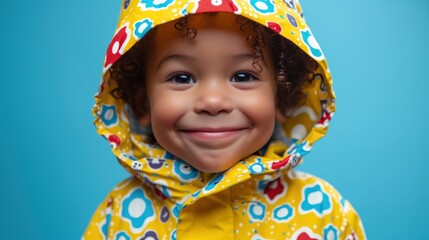 A joyful child with curly hair wearing a vibrant yellow raincoat with a playful pattern smiling brightly against a blue background.