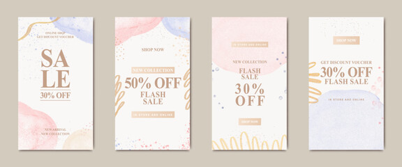 set of pink and blue watercolor artistic social media story template. Suitable for social media posts, cards, invitations, banner and web ads