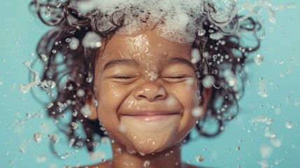 A joyful child with curly hair smiling with eyes closed enjoying a shower with water droplets and bubbles. - obrazy, fototapety, plakaty