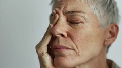 Obraz premium An elderly person with white hair resting their hand on their face showing signs of age and possibly tiredness or contemplation.