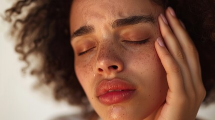 A young woman with closed eyes freckles and curly hair resting her head on her hand conveying a sense of contemplation or exhaustion.