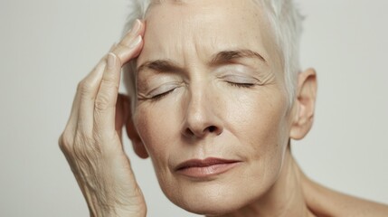 Fototapeta premium A woman with closed eyes resting her hand on her forehead conveying a sense of contemplation or relaxation.
