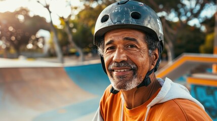 An older man with a gray beard and mustache wearing a black helmet with a visor and an orange shirt. He is smiling and appears to be at a skate park with a skateboard ramp in the background. - obrazy, fototapety, plakaty