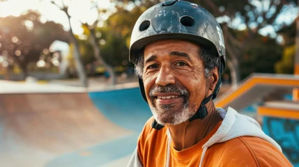 Tuinposter An older man with a gray beard and mustache wearing a black helmet with a visor and an orange shirt. He is smiling and appears to be at a skate park with a skateboard ramp in the background. © iuricazac