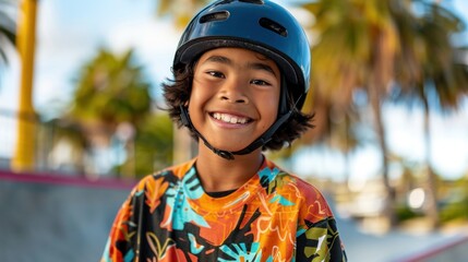 Fototapeta na wymiar Young skateboarder with a big smile wearing a blue helmet and colorful shirt standing on a skateboard ramp with palm trees in the background.