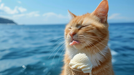 A cat eats a delicious ice cream cone on the seashore on a hot day - obrazy, fototapety, plakaty
