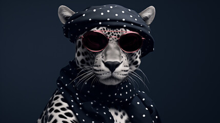 Fashion portrait of a white leopard artist in glasses, beret and scarf on a black background. Animal character close up.