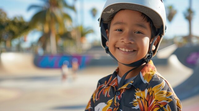 Young boy in a skate park wearing a helmet smiling and wearing a colorful shirt with a floral pattern.