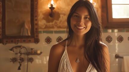 Fototapeta premium A young woman with long dark hair wearing a white off-the-shoulder top smiling at the camera standing in a bathroom with a tiled wall and a mirror.
