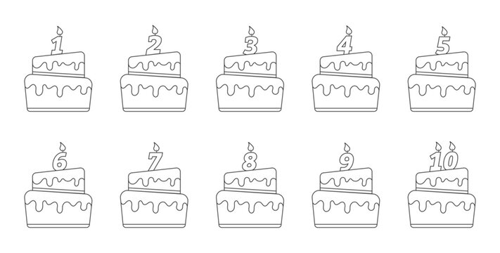 A birthday cake. A set with candles in the form of numbers. Vector illustration highlighted on a white background. Flat style