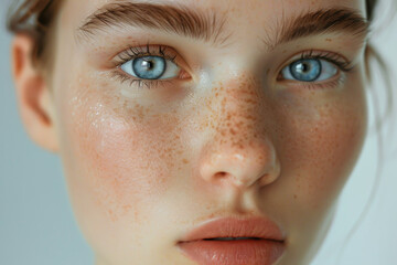 Close-up Portrait of a Young Female with Stunning Blue Eyes and Freckled Complexion