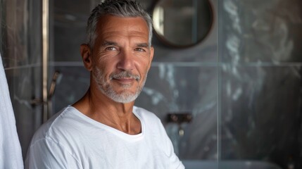 A man with a gray beard and mustache wearing a white t-shirt standing in a modern bathroom with a marble wall and a round mirror.
