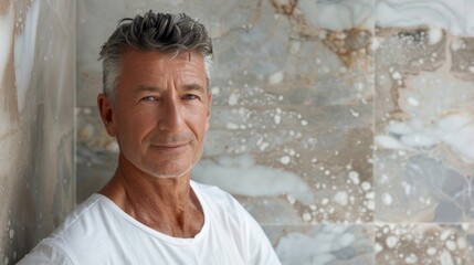 Fototapeta na wymiar A man with graying hair wearing a white t-shirt standing against a textured wall with a slight smile.