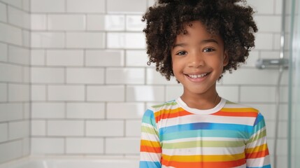 Fototapeta premium A young child with curly hair wearing a colorful striped shirt smiling in a bathroom with white tiled walls.