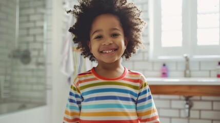 Fototapeta premium Smiling child with curly hair wearing a colorful striped shirt standing in a brightly lit bathroom with a white tiled wall and a sink in the background.