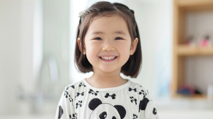 Young girl with a bright smile wearing a playful panda-themed shirt standing in a room with a blurred background.