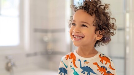 A young child with curly hair wearing a dinosaur-themed shirt smiling brightly in a bathroom.