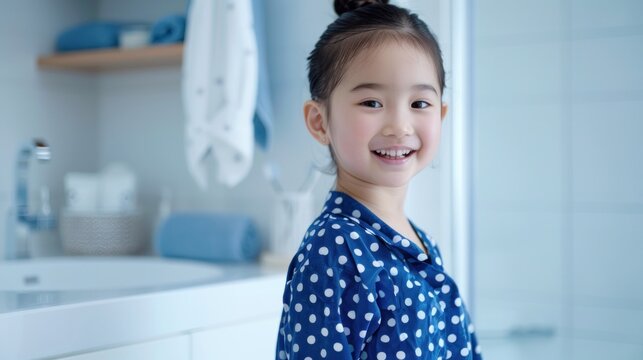 A young girl with a radiant smile wearing a blue polka dot dress standing in a modern bathroom with white fixtures and blue towels.