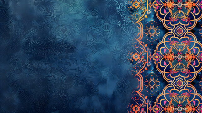 a vibrant background banner for Eid Al-Fitr featuring a border adorned with traditional Taqiyah and Tasbeeh motifs, with ample copy space for text to convey festive greetings and messages