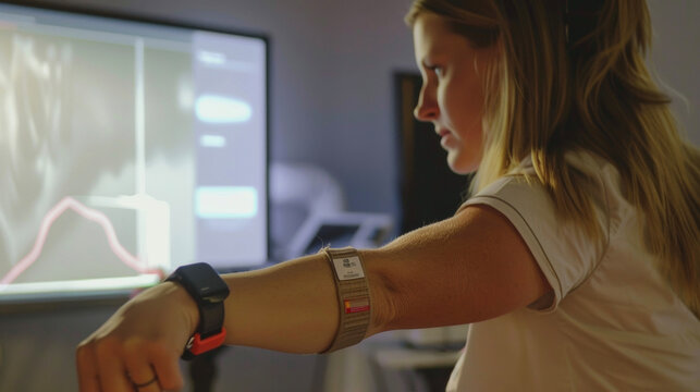 An AR marker p on a patients arm tracking their movements as they complete a range of motion exercise.