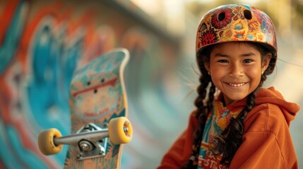 Obraz na płótnie Canvas A young girl with a colorful helmet smiling holding a skateboard with a vibrant design standing in front of a colorful mural.