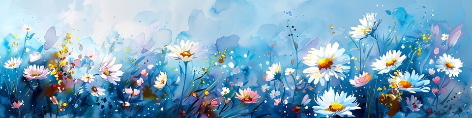 A vector artistic works of a spring and summer backdrop with a watercolors daisy bloom and space, Generative AI. - obrazy, fototapety, plakaty