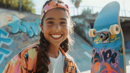 Smiling young girl with braids and colorful headband holding a blue skateboard with graffiti on a...