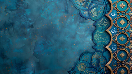 a vibrant background banner for Eid Al-Fitr featuring a border adorned with traditional Taqiyah and Tasbeeh motifs, with ample copy space for text to convey festive greetings and messages