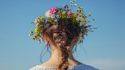 A woman with a braid adorned with a floral crown set against a clear blue sky.