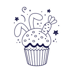 Easter cake with rabbits ears and carrot in cartoon style. Easter bakery with bunny ears. Doodle style. Hand drawn line art illustration isolated on white background. Kids Coloring book.