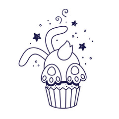 Easter cake - rabbit with ears in cartoon style. Easter bakery with bunny character. Doodle style. Illustration isolated on white background. Hand drawn line art illustration. Kids Coloring book.