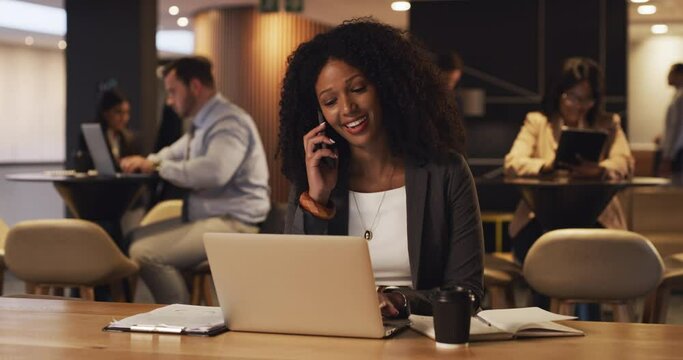 Black woman in business, phone call and laptop, night and networking, deal negotiation with sales consultant at office. Project, corporate proposal and discussion with deadline and professional