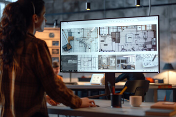close-up of an interior architect collaborating with engineers and contractors via video conference to discuss project specifications and progress updates in a contemporary office