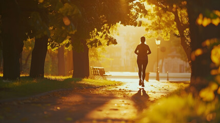 A woman jogs on a leaf-strewn path in the warm glow of a sunset...