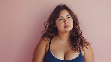 Young woman with long wavy hair wearing a blue tank top standing against a pink background looking directly at the camera with a gentle expression.