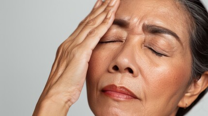 Fototapeta premium A woman with her hand on her forehead eyes closed and a serious expression possibly indicating deep thought or concern.