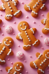Fototapeta na wymiar Delicious and Festive Gingerbread Men Arranged on Pink Surface with White Icing and Pink Sprinkles