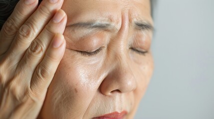 Obraz premium A woman with her eyes closed resting her head on her hand showing signs of stress or exhaustion.