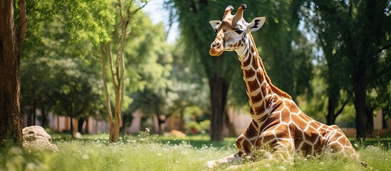 A giraffe with its long neck and spotted coat is seen sitting in a field of tall green grass. The giraffe appears calm and relaxed as it rests in its natural habitat.