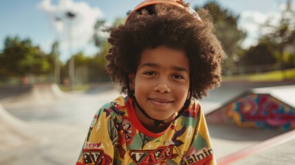 Young skateboarder with curly hair and a helmet smiling at the camera wearing a colorful graphic...