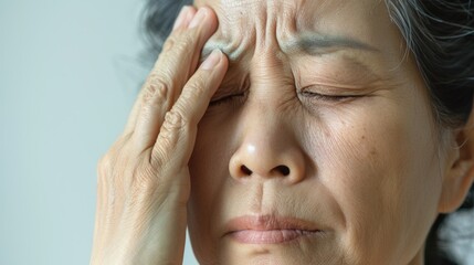 A woman with closed eyes holding her hand to her forehead appearing to be in deep thought or distress.