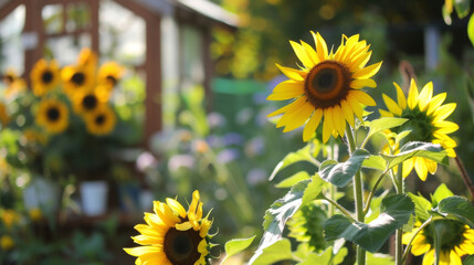 A of bright yellow sunflowers their blooming heads facing towards the sun. In the background a small greenhouse can be seen filled with a variety of herbs and seedlings.