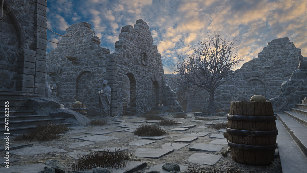 Poster wooden barrel in an empty courtyard of an old medieval ruined building. 3d render.