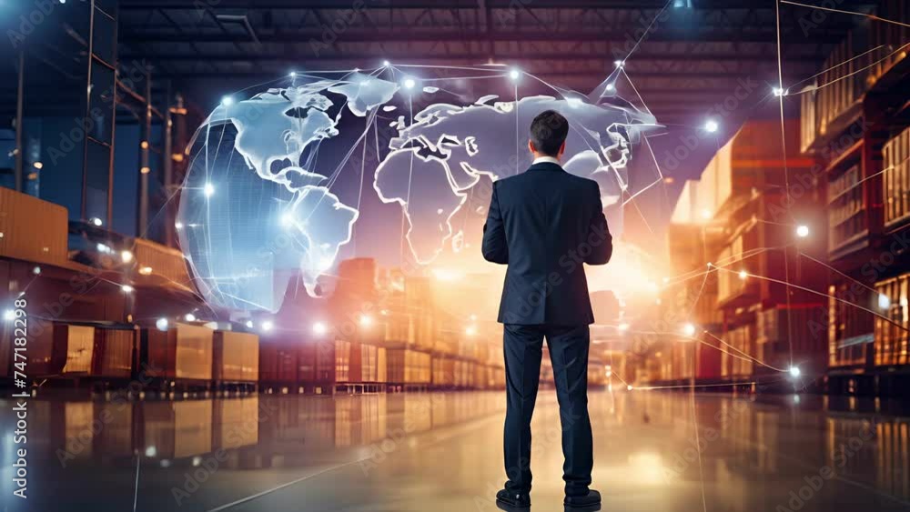 Poster businessman holding global network connection. big data analytics and business intelligence. world m