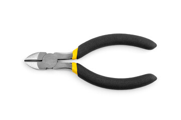 Yellow side cutters on a white background. Side cutting tool.	