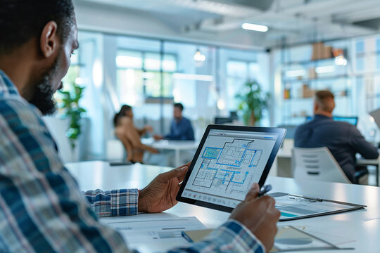 close-up of an interior architect presenting design proposals to clients using digital renderings and interactive floor plans on a tablet device in a sleek office boardroom, photo