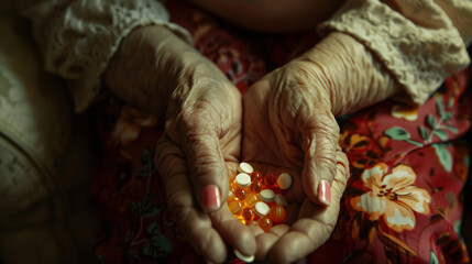 Elderly woman with pills at home closeup