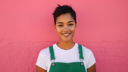 Smiling woman with short hair wearing a white t-shirt and green overalls standing against a pink textured wall.